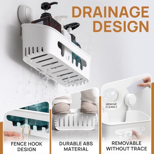 LEVERLOC Shower Caddy Suction Cup, Shower Organizer Removable Bathroom Shelf, Storage Suction Powerful Max Hold 22lbs Bathroom Caddy Waterproof Holder, White