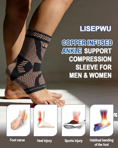 LISEPWU Copper Ankle Brace for Men & Women, Ankle Compression Sleeve 1 Pair