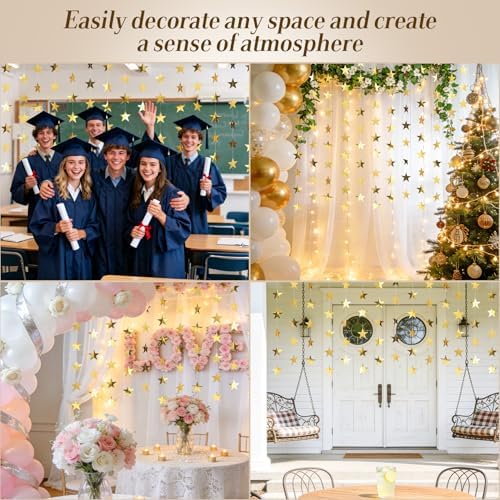 RAINFLOW 104 Ft Gold Star Garland - 8PCS Glitter Hanging Stars Banner Decor