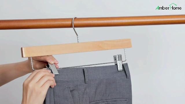 Amber Home 24 Pack Natural Wooden Pants Hangers with Adjustable Clips, 14"