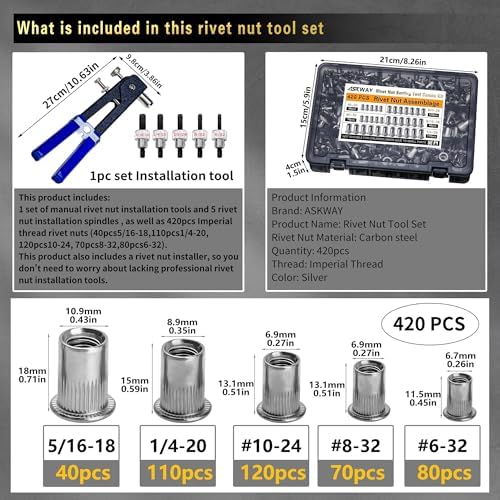 ASKWAY SAE Rivet Nut Tool 420pcs Imperial Carbon Steel Rivet Nut Tool Kit