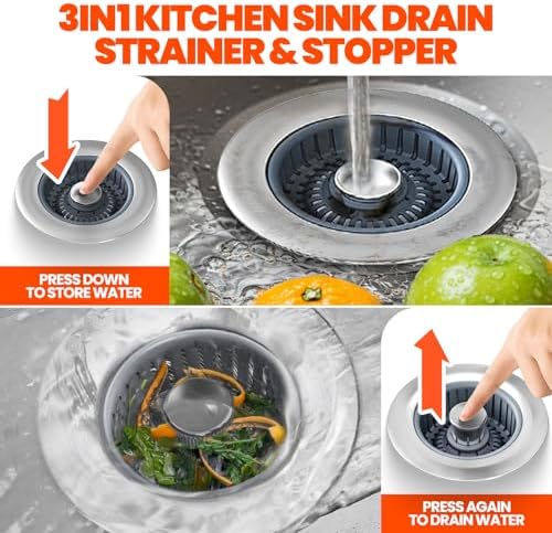 3 in 1 Kitchen Sink Drain Strainer and Stopper Silver 1 Pack
