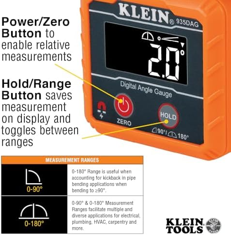Klein Tools 935DAG Digital Electronic Level and Angle Gauge, Measures 0 - 90 and 0 - 180 Degree Ranges, Measures and Sets Angles