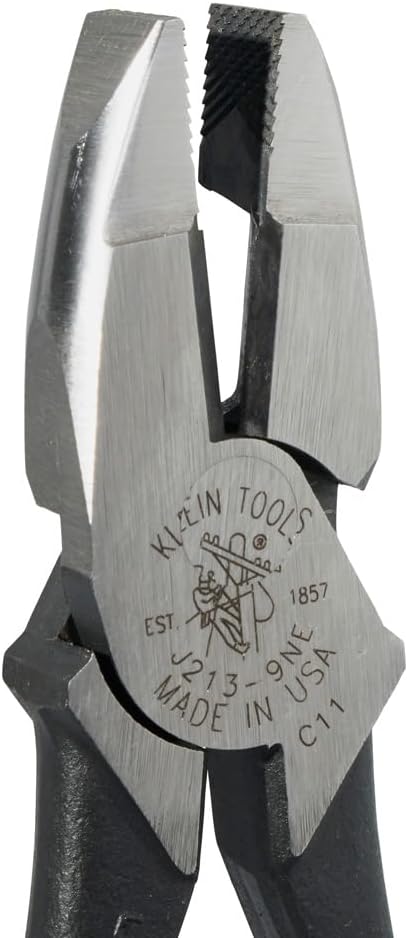 Klein Tools J213-9NE Side Cutter Linemans Pliers, Made in USA, High Leverage, 9-Inch, Streamlined Design, Color Coded