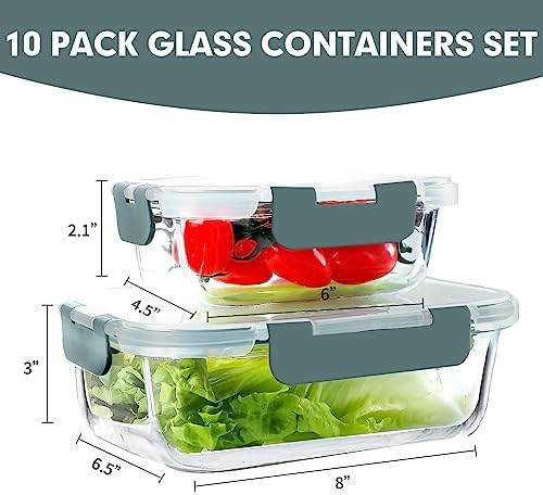 VERONES 10 PACK Glass Meal Prep Containers Set with Lids, Grey