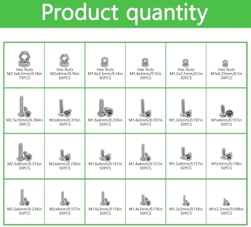 1110Pcs Metric Micro Screws & Nuts Kit, M1 M1.2 M1.4 M1.6 M2 M2.5
