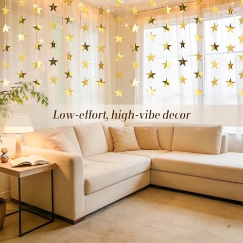RAINFLOW 104 Ft Gold Star Garland - 8PCS Glitter Hanging Stars Banner Decor