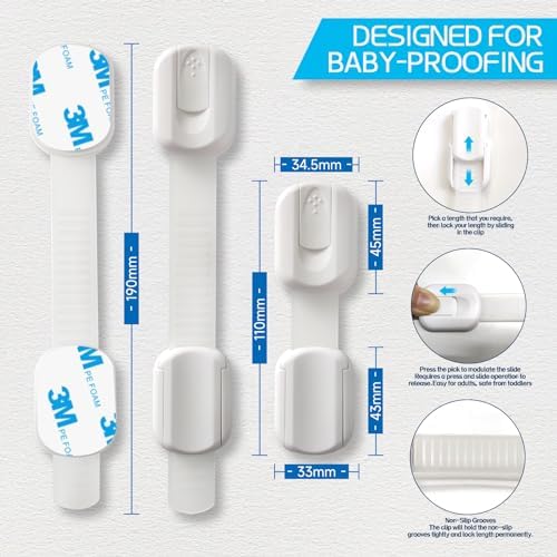 Child Safety Cabinet Locks, 8-Pack, Easy Install with 3M Adhesive, No Screws or Drilling, Multi-Purpose Latches for Cabinets, Drawers, Doors, Kitchen, Ovens, Toilets