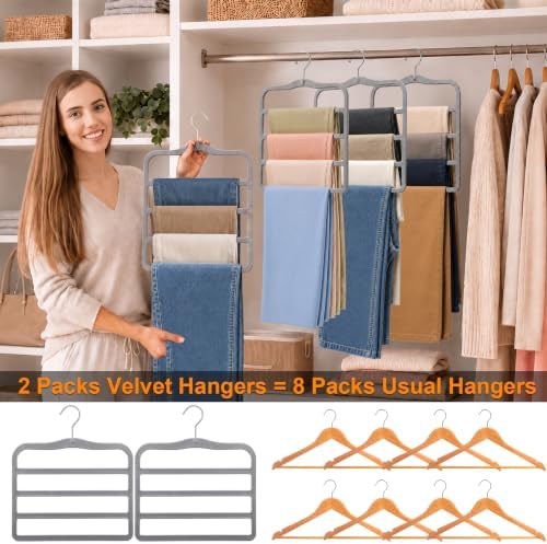 Velvet Pants Hangers Space Saving, 2-Pack Multi-Tier Closet Organizers,Grey