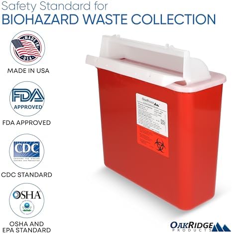 Oakridge Products Sharps Container for Home Use and Professional 5 Quart (2-Pack), Biohazard Needle and Syringe Disposal, Mailbox Style Lid, CDC Certified