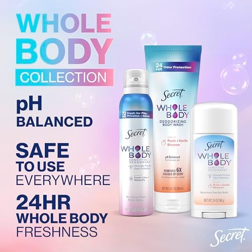 Secret Feminine Wash, 24 HR Deodorizing Feminine Body Wash for Women, Removes 6x Causes of Odor, PH Balanced, Safe to Use Everywhere, Peach & Vanilla Blossom Scent, 8.0 oz