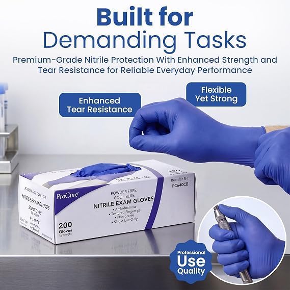 ProCure Disposable Nitrile Gloves - Latex & Powder Free - 200 Ct, Medium
