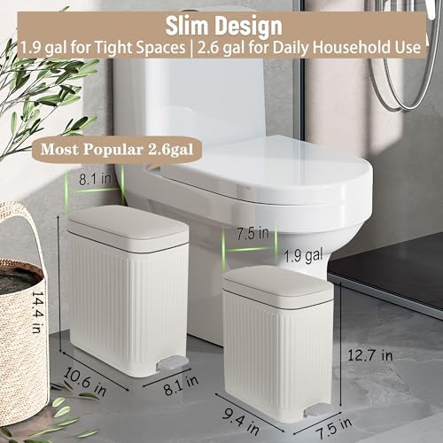 Small Bathroom Trash Can with Lid, 1.9 Gallon Slim Soft Close Step, Cream