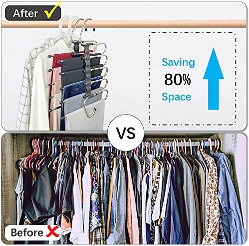 Magic Pants Hangers Space Saving - 2 Pack for Closet Multiple Layers Multifunctional Uses Rack Organizer for Trousers Scarves Slack (2 Pack with 10 Metal Clips)