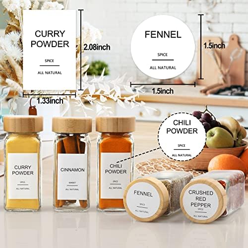 Glass Spice Jars with Bamboo Lid & 398 Label for Cabinet & Drawer Organizer