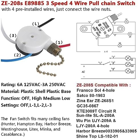 Ceiling Fan Switch Zing Ear ZE-208s E89885 3 Speed 4 Wire Pull Chain Switch Fan Light Switch Replacement Part with 4 Pre-Installed Wires(Bronze Chain)