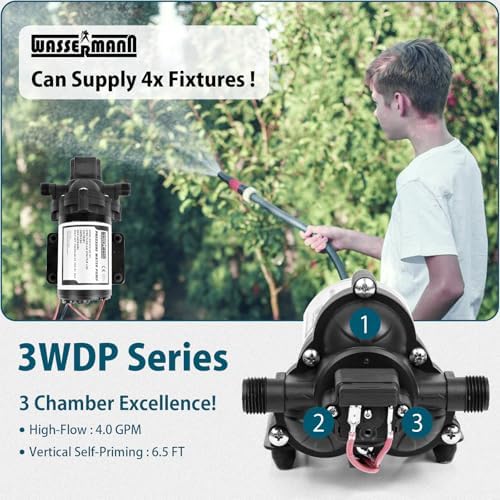WASSERMANN RV Pump, 12V Self-priming RV Water Pressure Pump 4.0GPM 45PSI with Pressure Switch, for RV Marine Camping Yacht Garden, 12Volt DC Fresh Water Pumps RV Water Pump 2088-554-144 Replacement