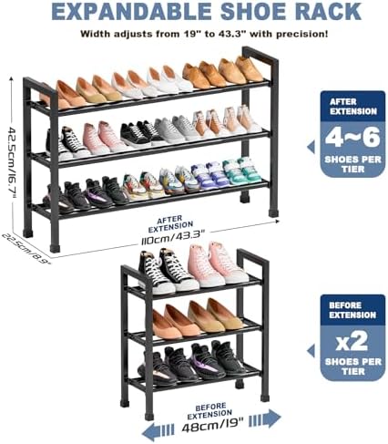 Mavivegue 19“- 43” Adjustable Shoe Rack, 3 Adjustable Length, 3 Tier Expandable Shoe Rack for Closet, Entryway, Shoe Shelf, Black