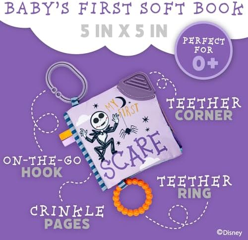 Kids Preferred Disney Nightmare Before Christmas My First Scare Jack Skellington Soft Book Baby Teething Crinkle Book with On-The-Go Clip, Crinkle Pages, and Teethers, Multicolor