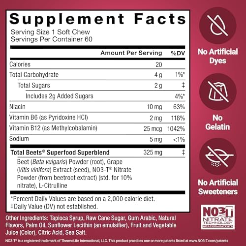 Force Factor Total Beets Soft Chews Heart Health Superfood with Beetroot