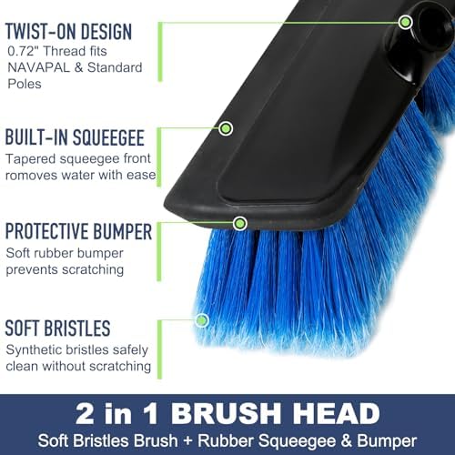 52" Car Wash Brush with Long Handle | Built-in Rubber Squeegee & Rubber Bumper | Lightweight extendable Handle | Soft Bristle Brush for Car, RV, Boat, Solar Panel, Deck Washing