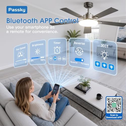 Passky 52 Inch Black Sleek Ceiling Fans with Lights, Remote Control