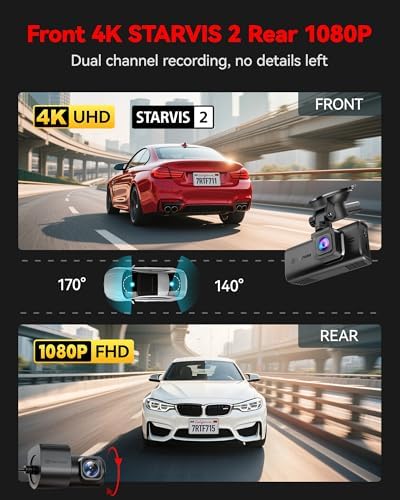 REDTIGER 4K STARVIS 2 Dashcam Front Rear, 5GHz WiFi 20MB/s, Free 128GB Card