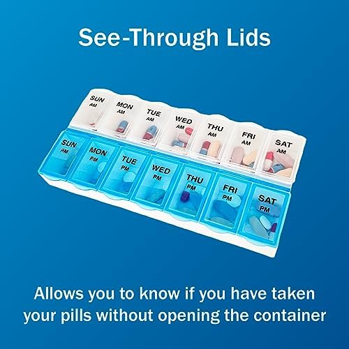 Amazon Basic Care 7-Day AM/PM Pill Organizer, Medication Planner with Large Compartments for Tablets, Blue and Clear Lids