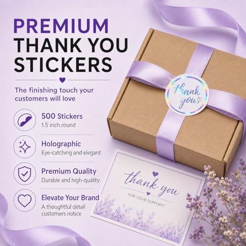 Holographic Thank You Stickers, 500 Count, 1.5 Inch Iridescent Foil