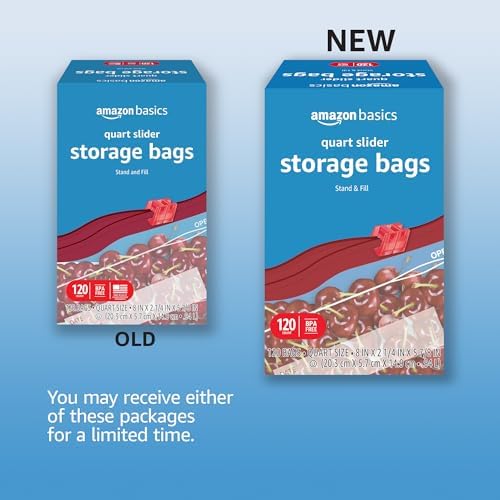Amazon Basics Slider Quart Food Storage Bags with Stand-Up Bottom, Easy to Fill, BPA Free, 120 Count (Previously Solimo)