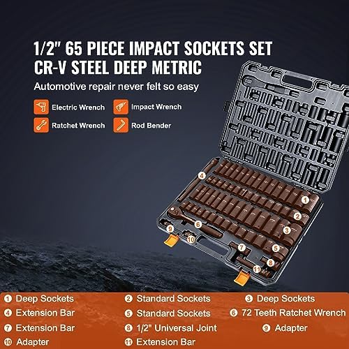 VEVOR 1/2" Drive Impact Socket Set 65 Piece, 3/8" to 1-1/4" and 10-24mm
