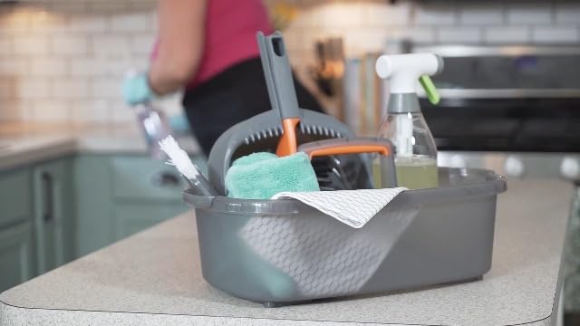 Casabella Cleaning Storage Caddy with Handle Plastic Multipurpose Organizer, Rectangle, 1.85-Gallon, Gray