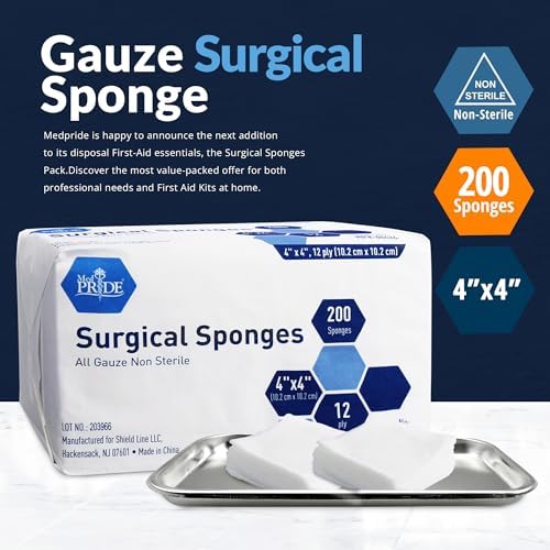 MED PRIDE Surgical Gauze Sponges,4 x 4 in,12-Ply,Non-Sterile,200-Count Pack