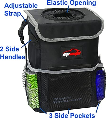 EPAuto Waterproof Car Trash Can with Lid and Pockets, 2.5 Gal, Black