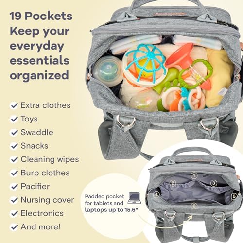 RUVALINO Diaper Bag Backpack-Multifunction Travel Baby Diaper Bag with Changing Pad, Insulated Bottle Holders & Pacifier Case, Large Capacity, Waterproof, Gray