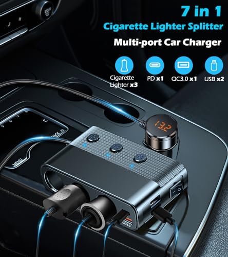 LIHAN 7-1 Cigarette Lighter Splitter, 3-Socket Adapter with PD 30W Type-C