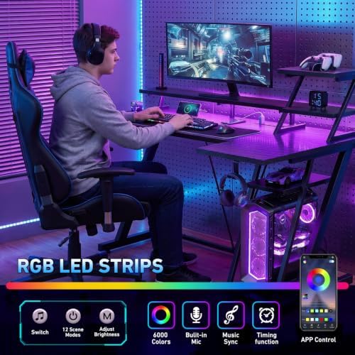 Korfile 40 Inch Gaming Desk with LED & Power Outlet, Carbon Fiber Black