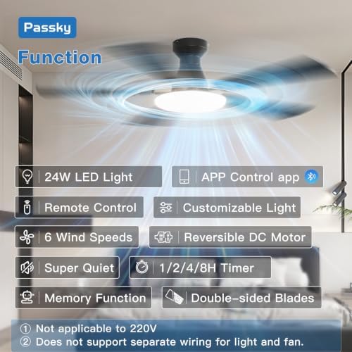 Passky 52 Inch Black Low Profile Ceiling Fans with Lights and Remote