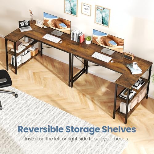 DUMOS 47" L Shaped Computer Desk, Corner Desks with Storage Shelves, Brown