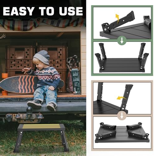 Adjustable RV Step Stool, Wide Platform, Foldable Legs, Black