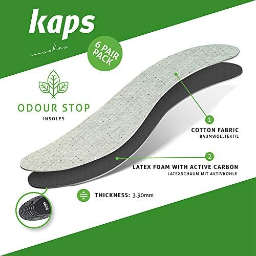 6 Pair Pack Anti Odour Shoe Insoles Set with Odor Eating Charcoal | Shoe Inserts | Kaps Odour Stop | Cut to Size