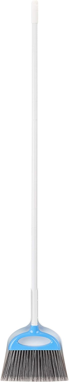 Amazon Basics Dustpan Broom Set with Adjustable Long Handle, Easy to Assemble, Blue and White