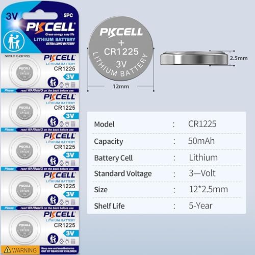 PKCELL 5-Pack CR1225 Battery CR1225 3V Lithium Battery