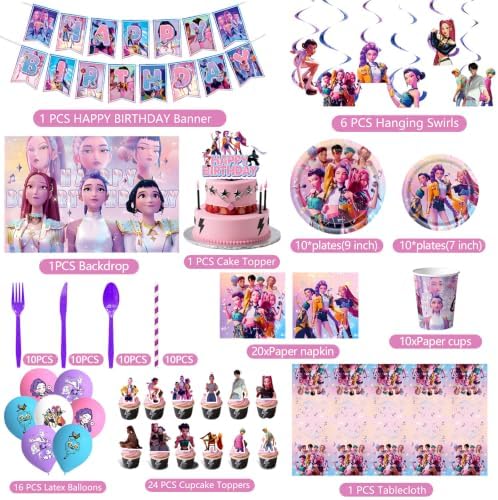 140Pcs K Pop Demon Hunters Birthday Decorations, 71"x43" Tablecloth, 60"x40" Backdrop, Banners, Balloons, Cake Toppers, Dinner Plates, Napkins, Cups, Forks, Knives, Straws, Complete Party Set
