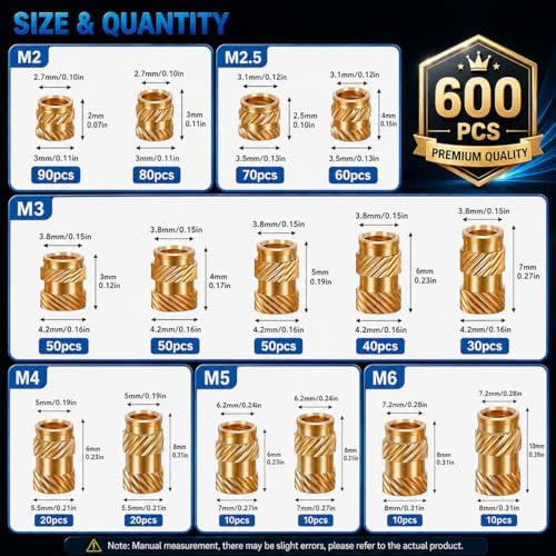 600+7Pcs Brass Threaded Inserts M2 M2.5 M3 M4 M5 M6 for 3D Printing