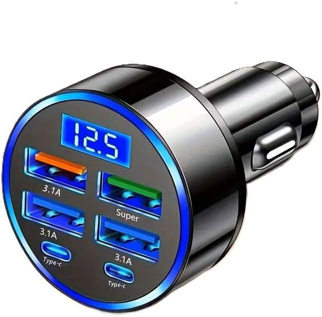 120W 5-Port Car Charger with PD Fast Charging & LED Voltage Display – USB C Cigarette Lighter Adapter (4 USB + 1 PD) for iPhone, Android & Multiple Devices