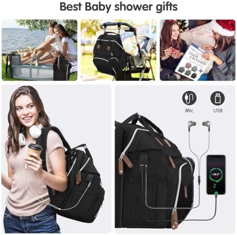 DERJUNSTAR Diaper Bag Backpack, Large Baby Bag with Changing Pad, Thick Padded Back & Straps, Laptop Compartment, Waterproof Travel Backpack with USB Port, Multi-Function for Mom & Dad, Black