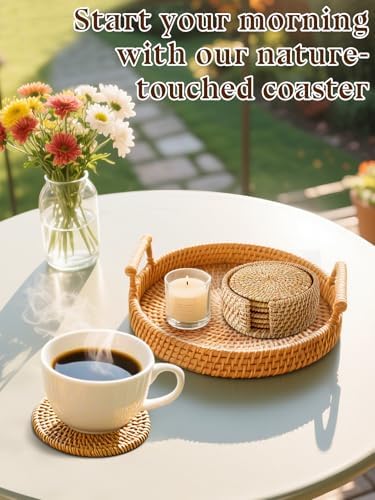 Handmade Rattan Coasters Set of 6 with Holder, Farmhouse Home Decor