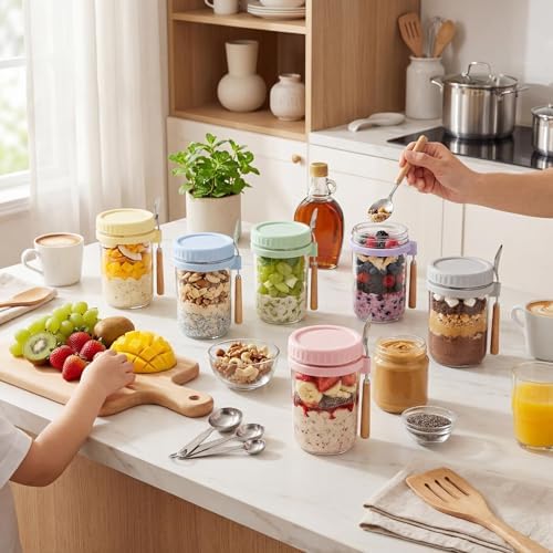 16oz Glass Overnight Oats Containers with Lids & Spoons, 4 Pack MultiColor