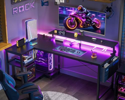 ODK 48 Inch L Shaped Gaming Desk with LED Lights, Power Outlets, Black